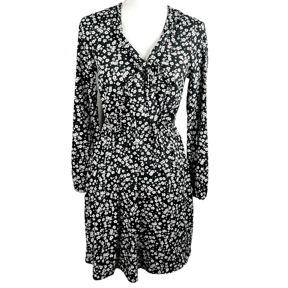 New Look Black & White V-Neck Floral Midi Dress Size 4